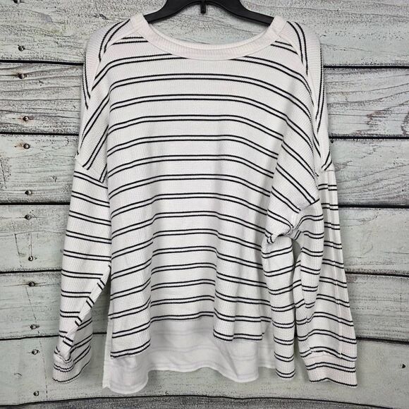 Maurices L White Black Stripe Waffle Knit Pullover - Picture 2 of 8